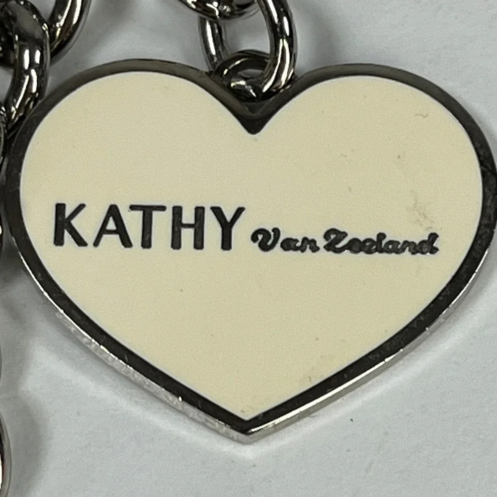 Kathy Van Zeeland Black Faceted Heart Keychain Bag Charm Silver Tone Logo Tag